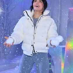 Lucy Hale Alo’s Winter House White Hooded Jacket