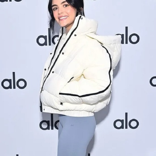 Lucy Hale Alo’s Winter House White Hooded Jacket