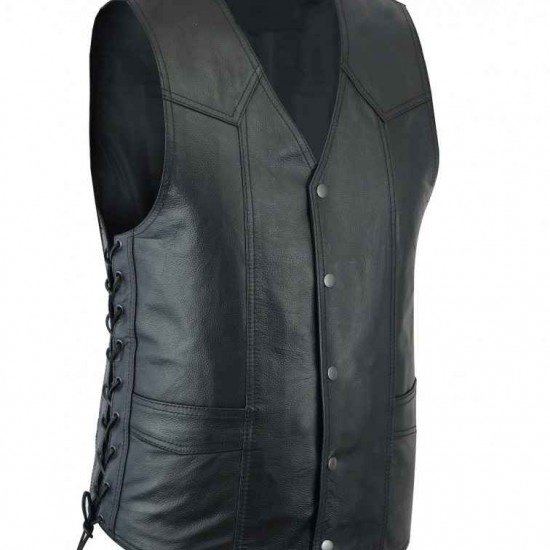 Men Basic Motorcycle Black Leather Vest Jacket