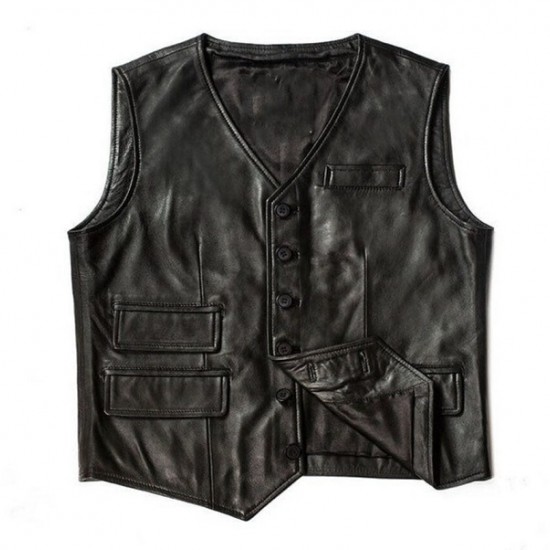 Men Black Simple Leather Vest Men Black Simple Leather Vest