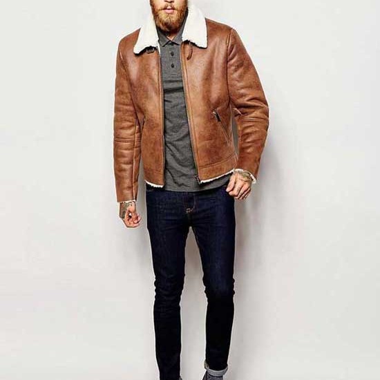 Mens Aviator Brown Leather Faux Shearling Jacket Mens Aviator Brown Leather Faux Shearling Jacket