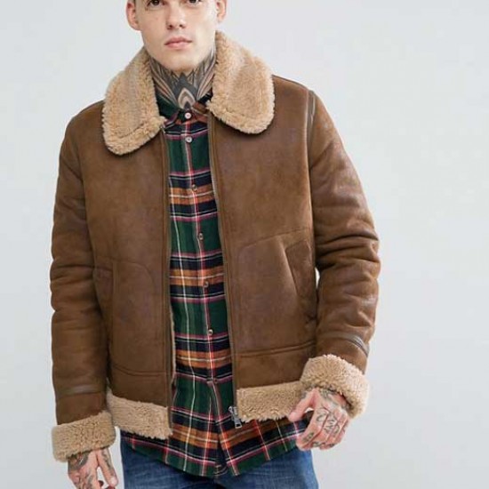 Mens Aviator Brown Leather Jacket With Faux Shearling Mens Aviator Brown Leather Jacket With Faux Shearling