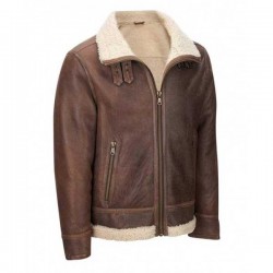 Men's Aviator Faux Shearling Brown Leather Jacket              
