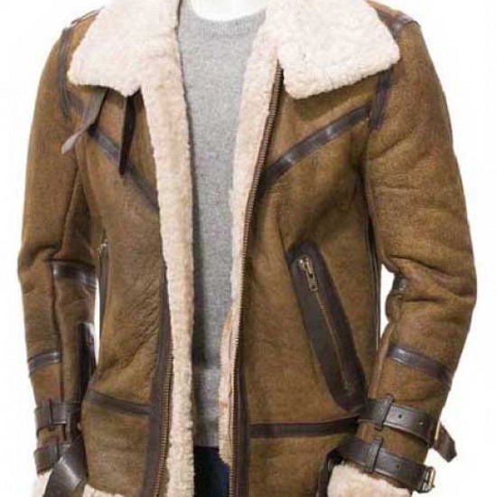 Mens Aviator Sheepskin Leather Faux Shearling Brown Jacket