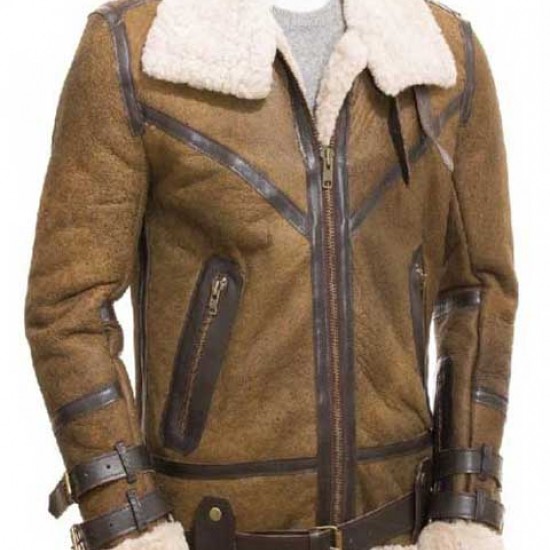 Mens Aviator Sheepskin Leather Faux Shearling Brown Jacket