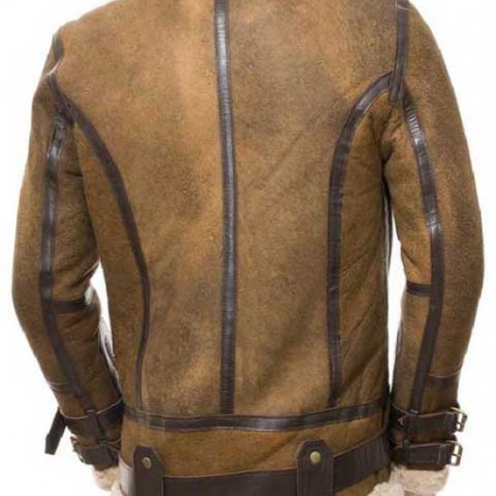 Mens Aviator Sheepskin Leather Faux Shearling Brown Jacket