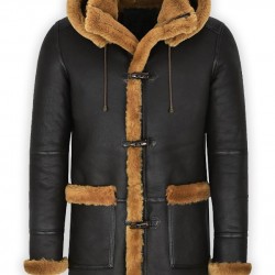 Men's Black Leather Sheepskin Duffle Shearling Coat