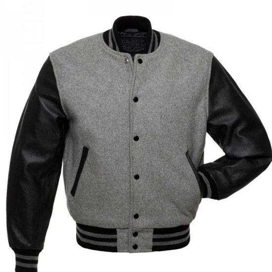 Men's Bomber Grey With Black Wool Varsity Jacket Mens Bomber Grey With Black Wool Varsity Jacket