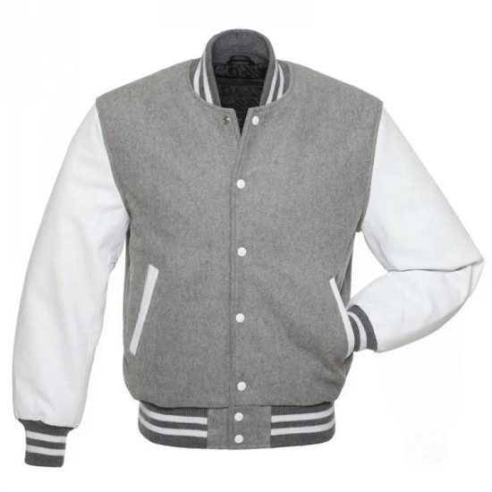 Mens Bomber Grey With White Wool Varsity Jacket