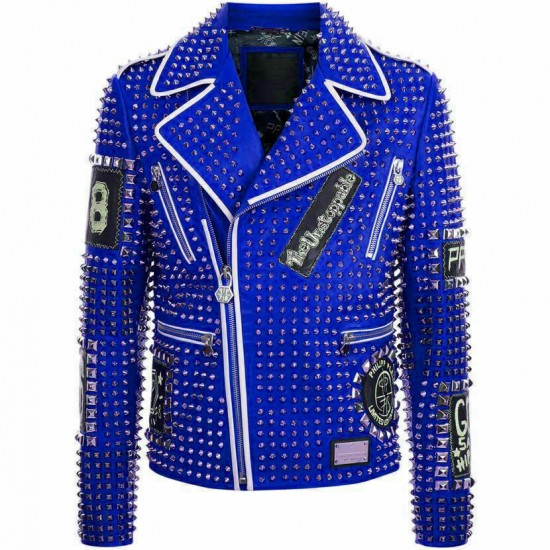 Men's Brando Studded Multi Embroidery Patches Punk Blue Leather Jacket Men's Brando Studded Multi Embroidery Patches Punk Blue Leather Jacket