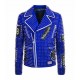 Men's Brando Studded Multi Embroidery Patches Punk Blue Leather Jacket Men's Brando Studded Multi Embroidery Patches Punk Blue Leather Jacket
