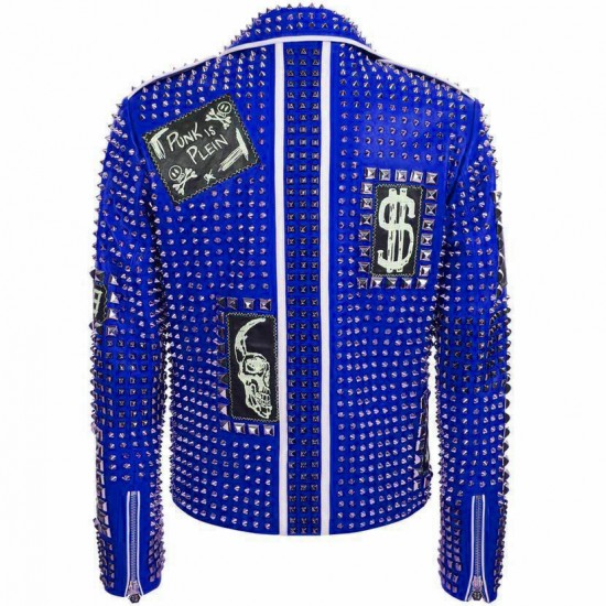 Men's Brando Studded Multi Embroidery Patches Punk Blue Leather Jacket Men's Brando Studded Multi Embroidery Patches Punk Blue Leather Jacket
