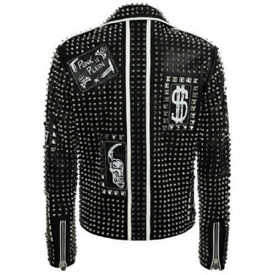 Men's Brando Studded Multi Embroidery Patches Punk Blue Leather Jacket Men's Brando Studded Multi Embroidery Patches Punk Blue Leather Jacket