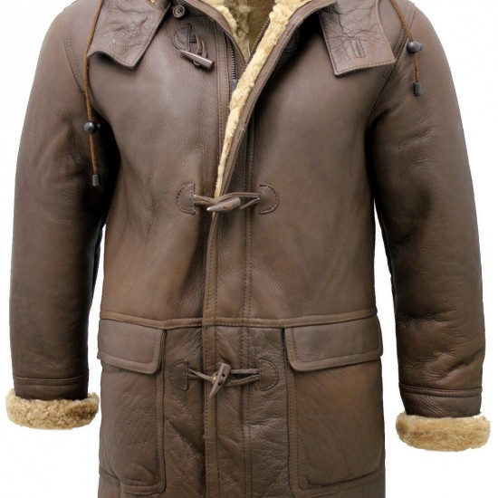 Men's Brown Shearling Sheepskin Leather Detachable Hood Duffle Coat Men's Brown Shearling Sheepskin Leather Detachable Hood Duffle Coat