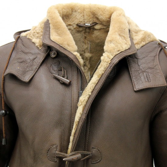 Men's Brown Shearling Sheepskin Leather Detachable Hood Duffle Coat Men's Brown Shearling Sheepskin Leather Detachable Hood Duffle Coat