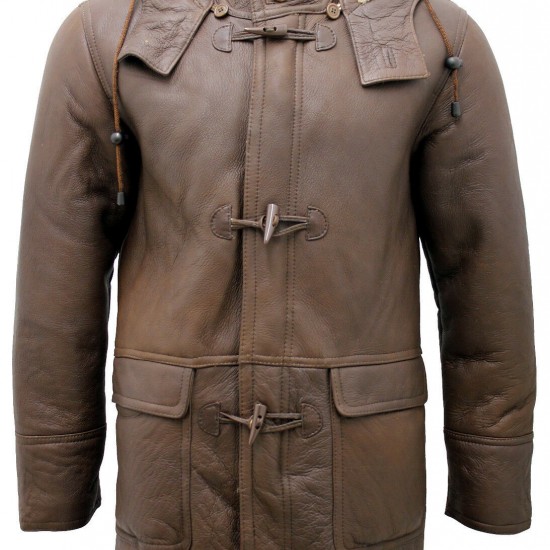 Men's Brown Shearling Sheepskin Leather Detachable Hood Duffle Coat Men's Brown Shearling Sheepskin Leather Detachable Hood Duffle Coat