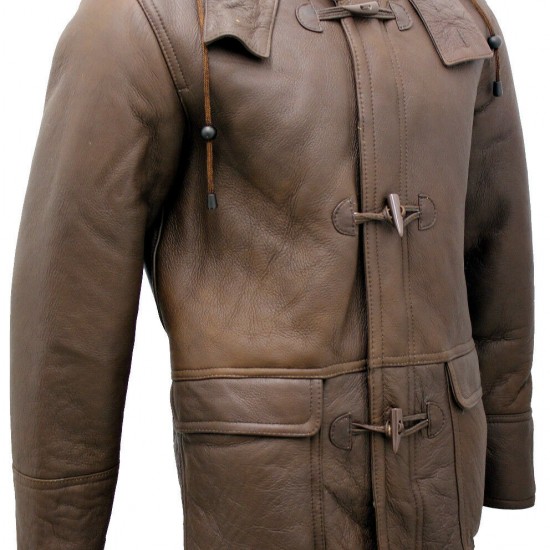 Men's Brown Shearling Sheepskin Leather Detachable Hood Duffle Coat Men's Brown Shearling Sheepskin Leather Detachable Hood Duffle Coat