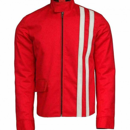 Men's Classic Speedway Elvis Presley White Striped Steve Red Cotton Jacket Men's Classic Speedway Elvis Presley White Striped Steve Red Cotton Jacket