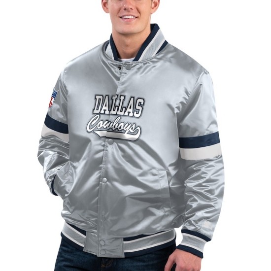 Men's Dallas Cowboys Starter Silver Home Game Satin Full-Snap Varsity Jacket Mens Dallas Cowboys Starter Silver Home Game Satin Full-Snap Varsity Jacket