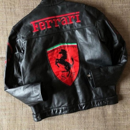 Mens Ferrari Black Motorcycle Leather Moto Racer Jacket