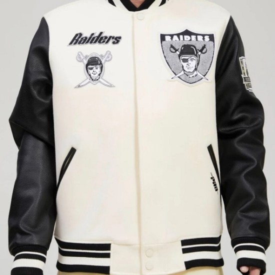 Men's Las Vegas Raiders Pro Standard Cream Retro Classic Varsity Full-Zip Jacket Mens Las Vegas Raiders Pro Standard Cream Retro Classic Varsity Full-Zip Jacket