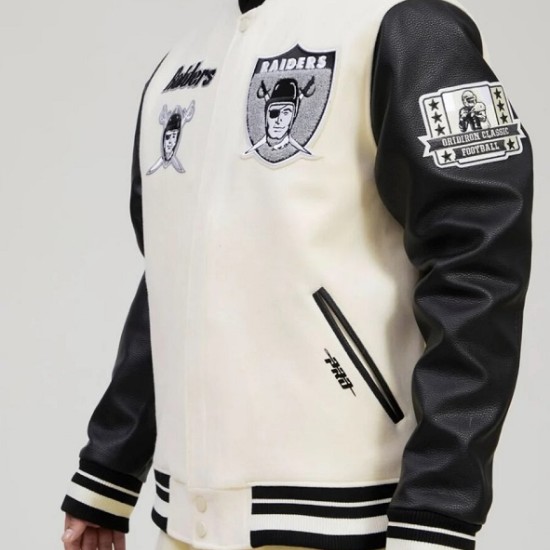Men's Las Vegas Raiders Pro Standard Cream Retro Classic Varsity Full-Zip Jacket Mens Las Vegas Raiders Pro Standard Cream Retro Classic Varsity Full-Zip Jacket