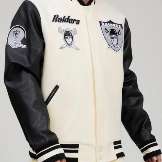 Men's Las Vegas Raiders Pro Standard Cream Retro Classic Varsity Full-Zip Jacket Mens Las Vegas Raiders Pro Standard Cream Retro Classic Varsity Full-Zip Jacket