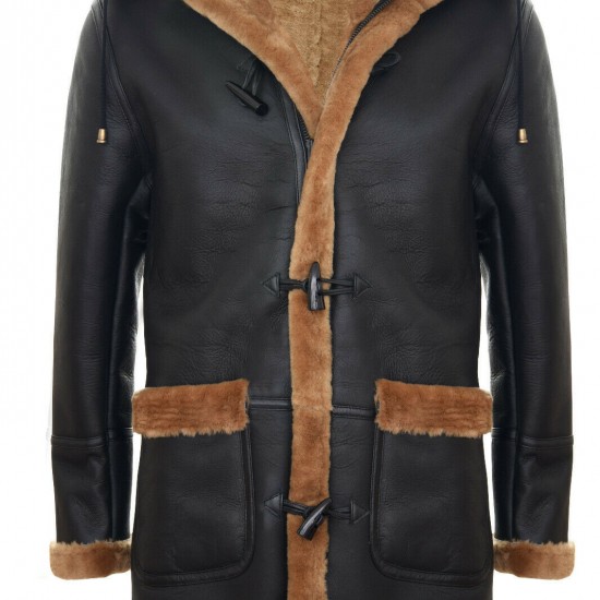 Men's New Winter Sheepskin Leather Ginger Removable Hooded Duffle Coat Men's New Winter Sheepskin Leather Ginger Removable Hooded Duffle Coat