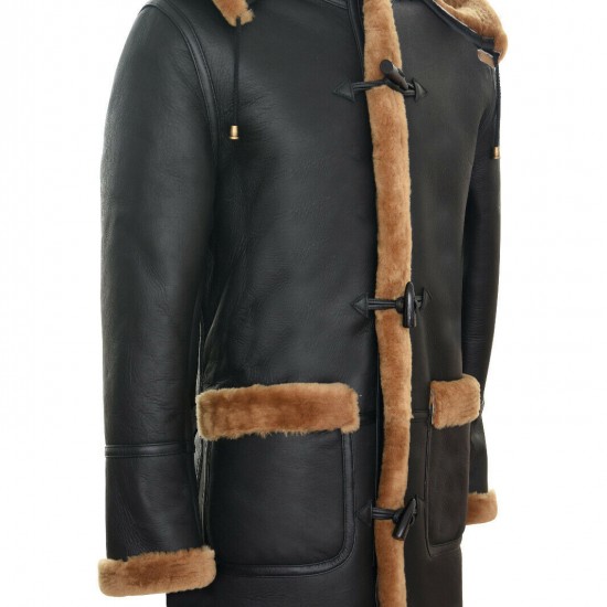 Men's New Winter Sheepskin Leather Ginger Removable Hooded Duffle Coat Men's New Winter Sheepskin Leather Ginger Removable Hooded Duffle Coat