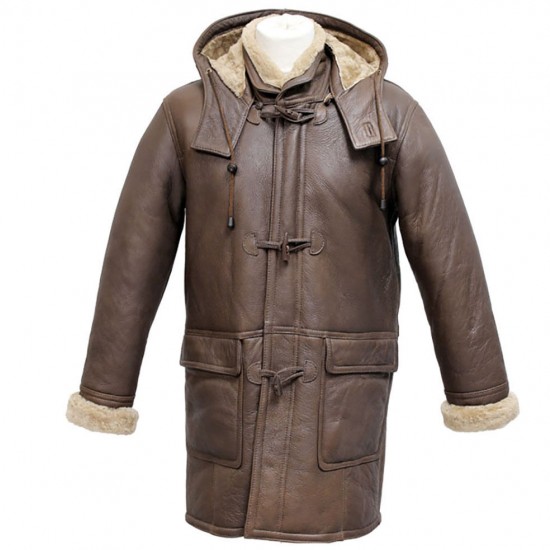Men's Rufus Brown New Winter Real Shearling Sheepskin Leather Duffle Coat Men's Rufus Brown New Winter Real Shearling Sheepskin Leather Duffle Coat