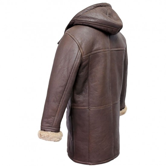 Men's Rufus Brown New Winter Real Shearling Sheepskin Leather Duffle Coat Men's Rufus Brown New Winter Real Shearling Sheepskin Leather Duffle Coat