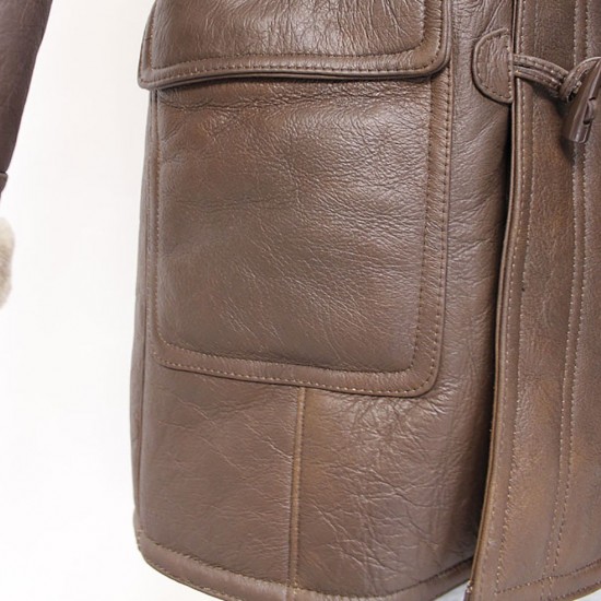 Men's Rufus Brown New Winter Real Shearling Sheepskin Leather Duffle Coat Men's Rufus Brown New Winter Real Shearling Sheepskin Leather Duffle Coat