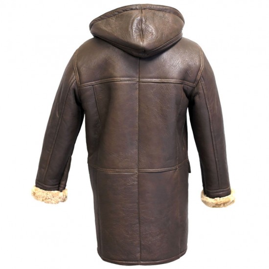 Men's Rufus Brown New Winter Real Shearling Sheepskin Leather Duffle Coat Men's Rufus Brown New Winter Real Shearling Sheepskin Leather Duffle Coat