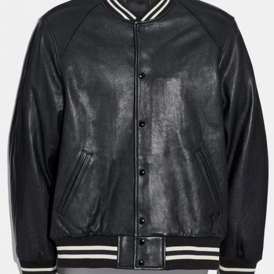 Men's Snap Tab Closure Black Leather Bomber Jacket Mens Snap Tab Closure Black Leather Bomber Jacket