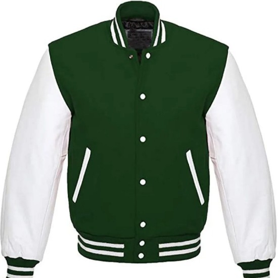Men's Snap Tab Closure Green and White Bomber Jacket Mens Snap Tab Closure Green and White Bomber Jacket