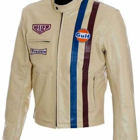 Men's Steve McQueen Le Mans Gulf Racing Cream Leather Jacket Men's Steve McQueen Le Mans Gulf Racing Cream Leather Jacket