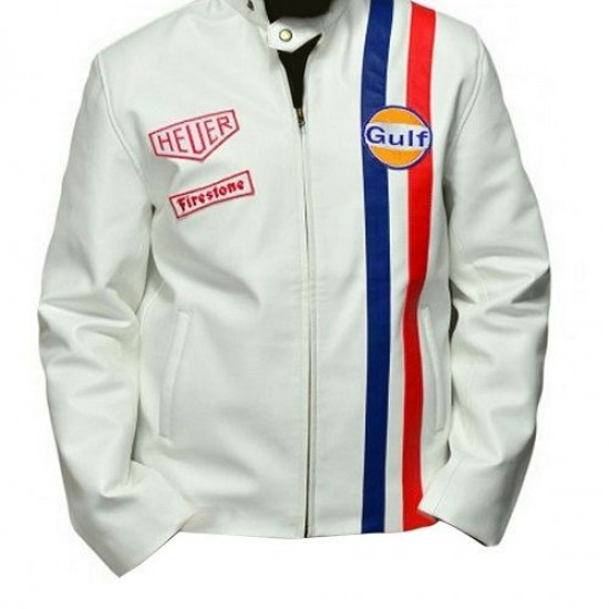 Men's Steve McQueen Le Mans Gulf Racing White Leather Jacket Men's Steve McQueen Le Mans Gulf Racing White Leather Jacket