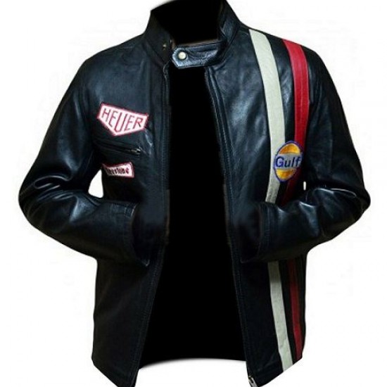 Men's Steve Mcqueen le Mans Gulf Racing Black Leather Jacket Men's Steve Mcqueen le Mans Gulf Racing Black Leather Jacket
