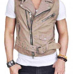 Mens Belted Asymmetrical Zipper Leather Vest     