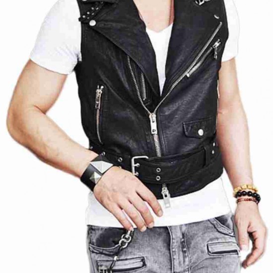 Mens Belted Asymmetrical Zipper Leather Vest     