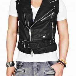 Mens Belted Asymmetrical Zipper Leather Vest     