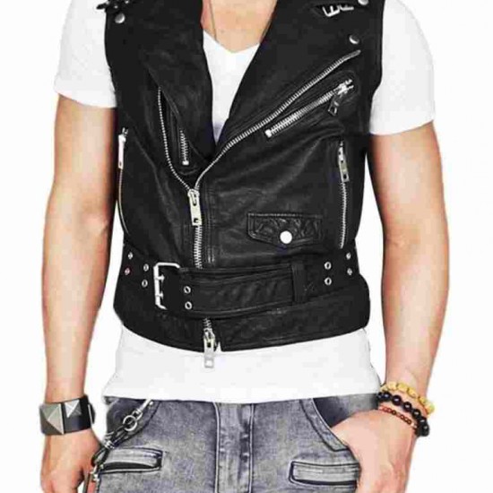 Mens Belted Asymmetrical Zipper Leather Vest     