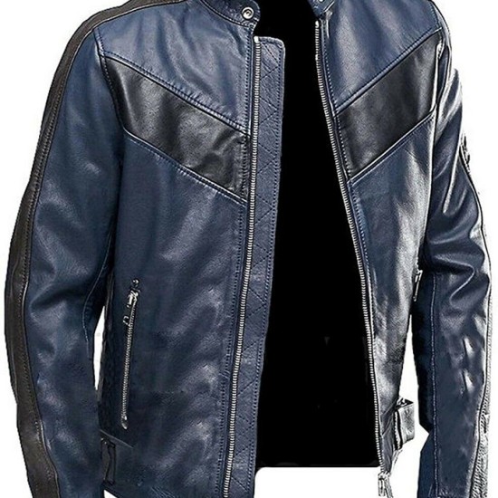 Mens Biker Vintage Motorcycle Distressed Blue Black Cafe Racer Leather Jacket