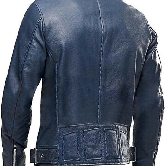 Mens Biker Vintage Motorcycle Distressed Blue Black Cafe Racer Leather Jacket
