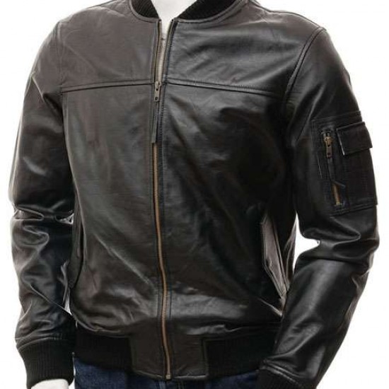 Mens Black And Dark Brown Classic Elegant Real Leather Bomber Jacket Mens Black And Dark Brown Classic Elegant Real Leather Bomber Jacket