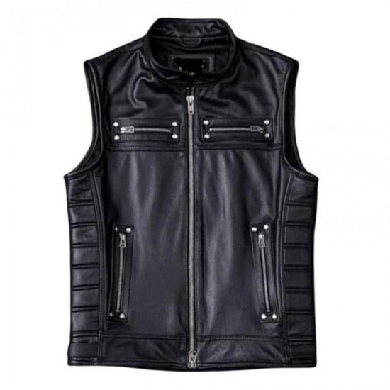 Mens Black Biker Genuine Leather Quilted Motorcycle Vest Mens Black Biker Genuine Leather Quilted Motorcycle Vest