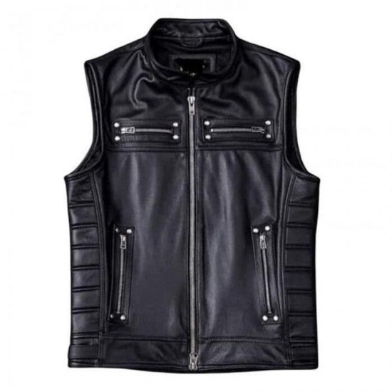 Mens Black Biker Genuine Leather Quilted Motorcycle Vest