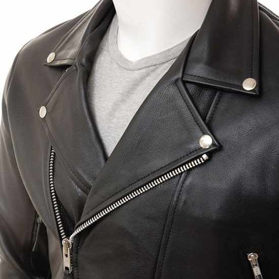 Mens Black Chromed Angled Zip Double Breasted Zipped Pockets Real Leather Biker Jacket Mens Black Chromed Angled Zip Double Breasted Zipped Pockets Real Leather Biker Jacket