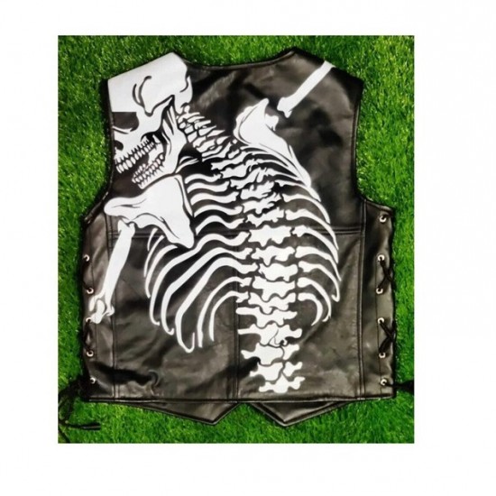 Mens Black Cowhide Skeleton Leather Biker Vest