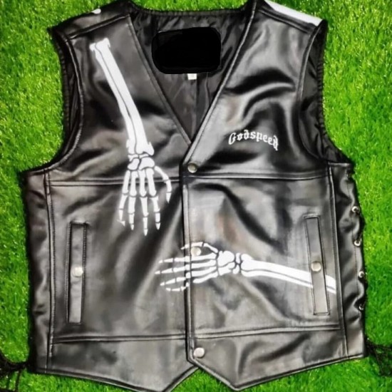 Mens Black Cowhide Skeleton Leather Biker Vest